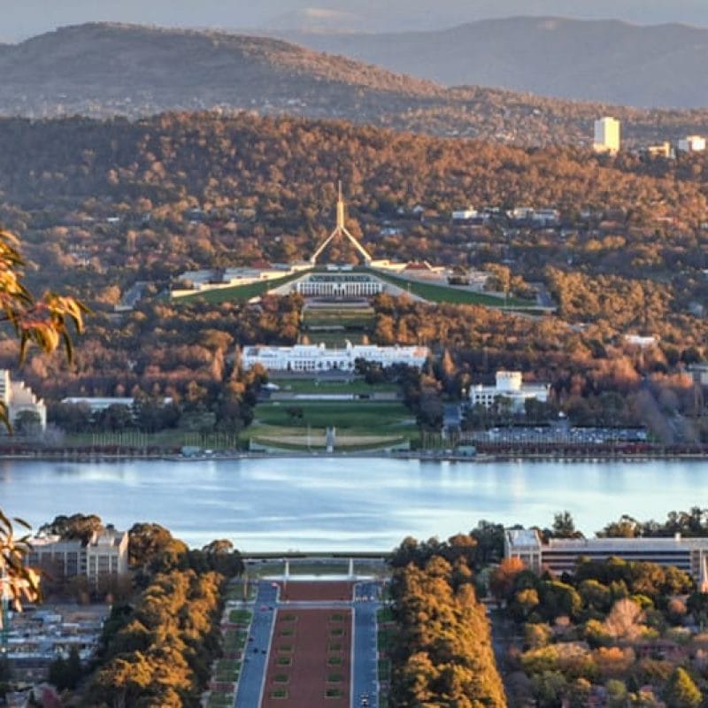 Arial image overlooking Canberra and Australia's Parliament building